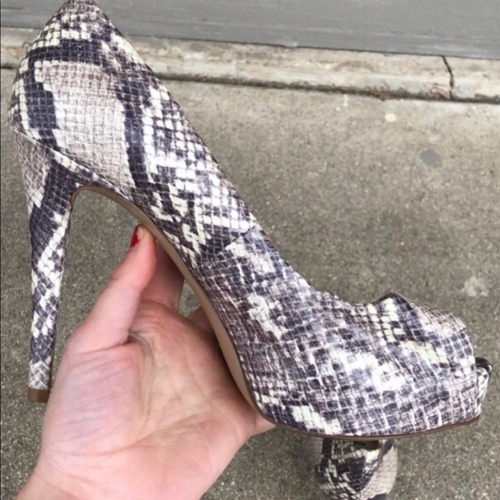 GUESS snakeskin peep toe pumps